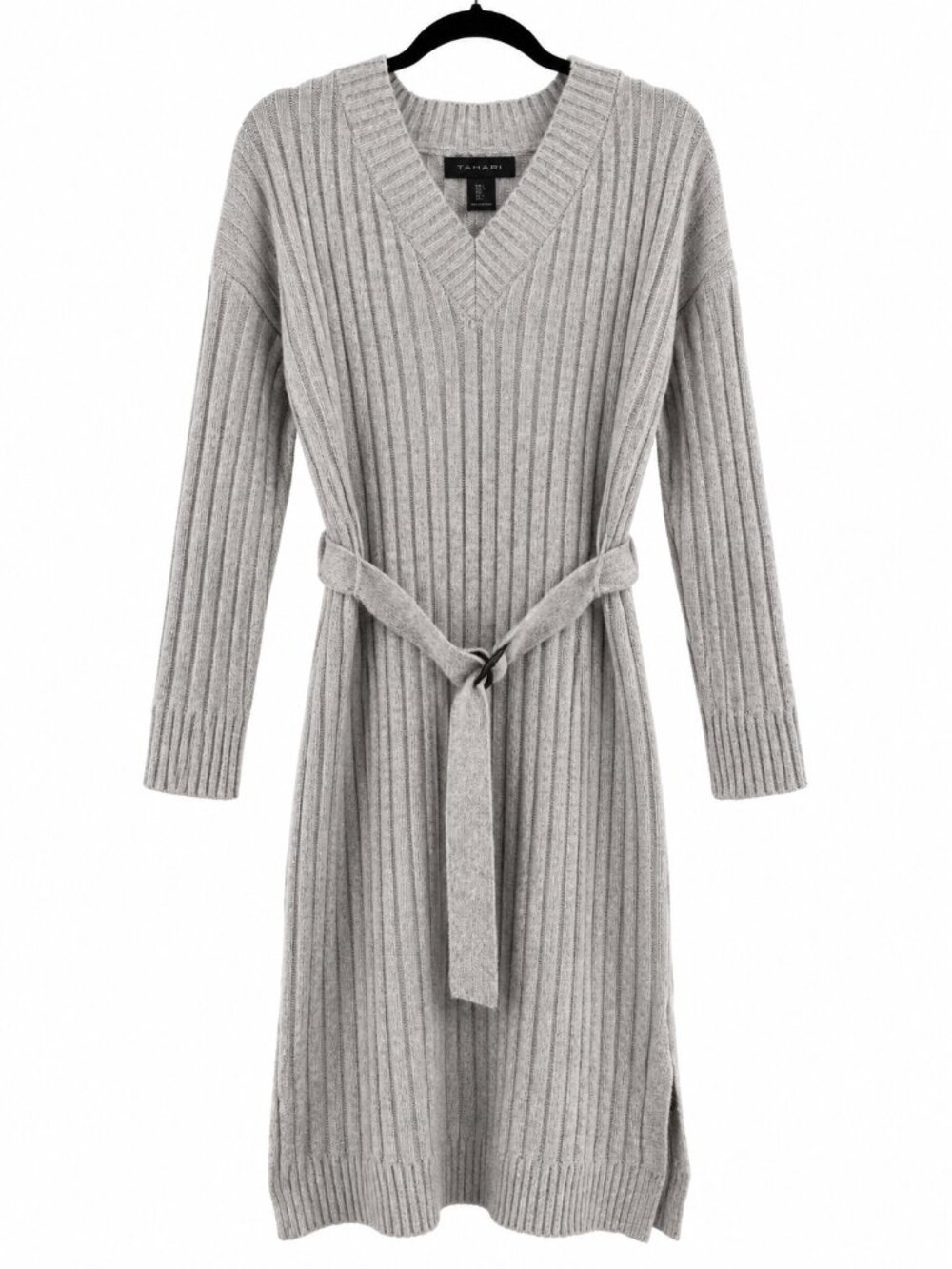 Tahari Gray Ribbed Knit Midi Cozy Holiday Sweater Dress with Belt Size Large
